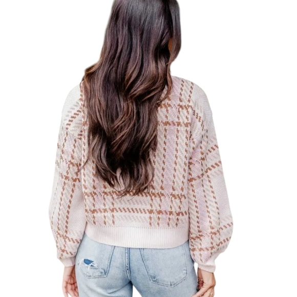 Plaid Cowl Neck Knit Cropped Boxy Sweater  Neutral blush Pink and Brown Sz S - Picture 2 of 10